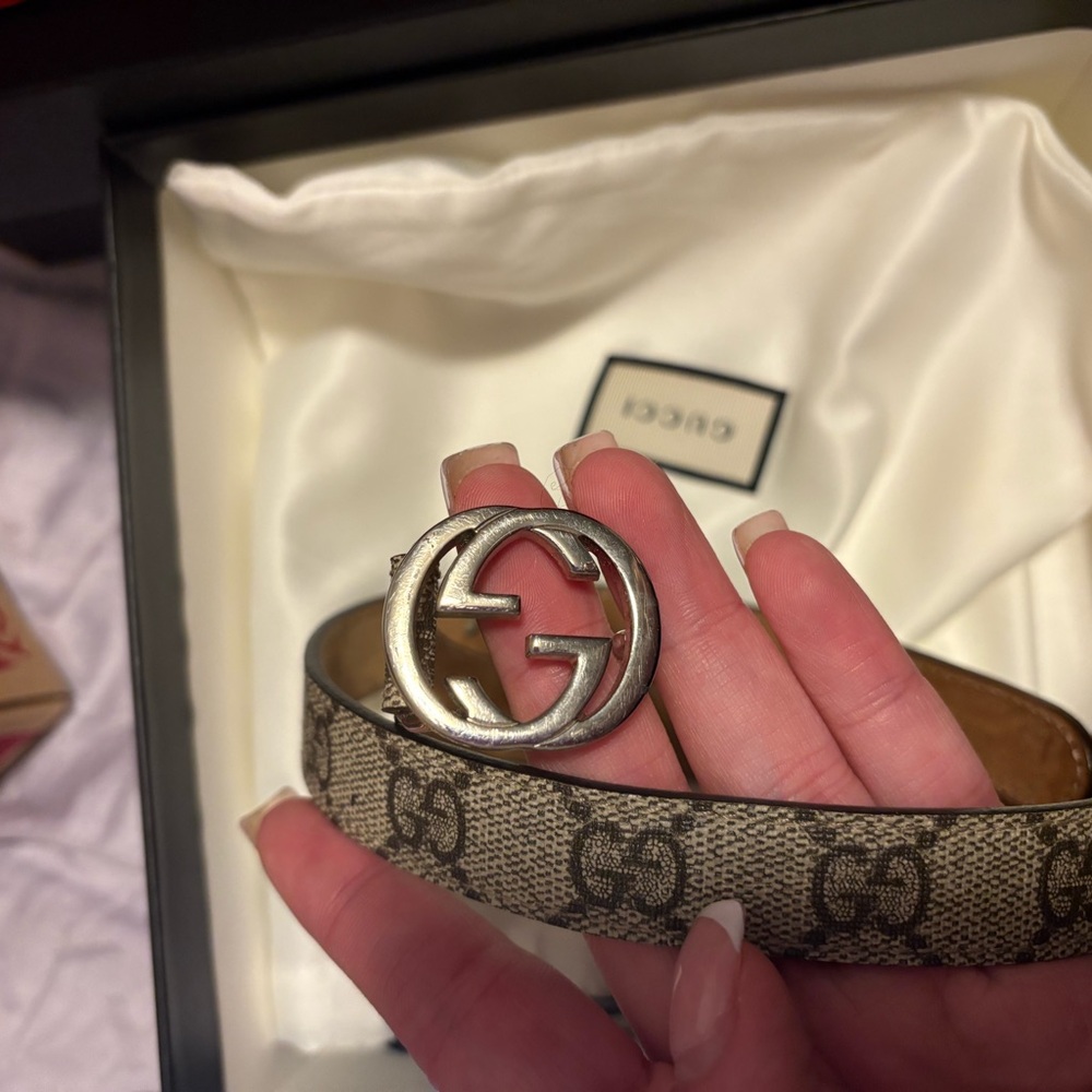 Gucci Beige Monogram Belt with Silver Buckle